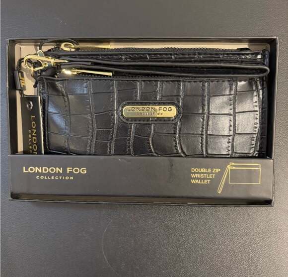 New London Fog Double Zip alligator texture Wristlet Wallet in black - Picture 1 of 4